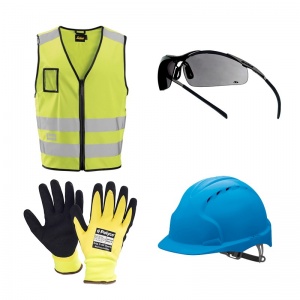 Outdoor Tradesperson Helmet, Gloves, Vest and Goggles Bundle