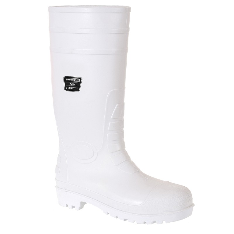 white wellington boots with a black label on the side