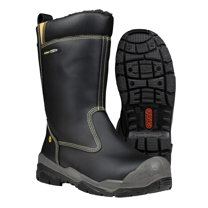 pair of black boots with yellow stitching