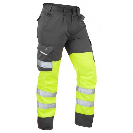 Leo Workwear EcoViz CT01 Bideford Hi-Vis Yellow and Grey Cargo Trousers