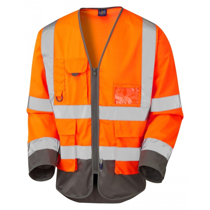 Leo Workwear EcoViz S12 Wrafton Superior Orange and Grey Sleeved Hi Vis Vest