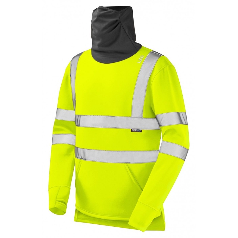 Leo Workwear EcoViz SS06 Combesgate Hi-Vis Thermal Yellow Sweatshirt with  Snood