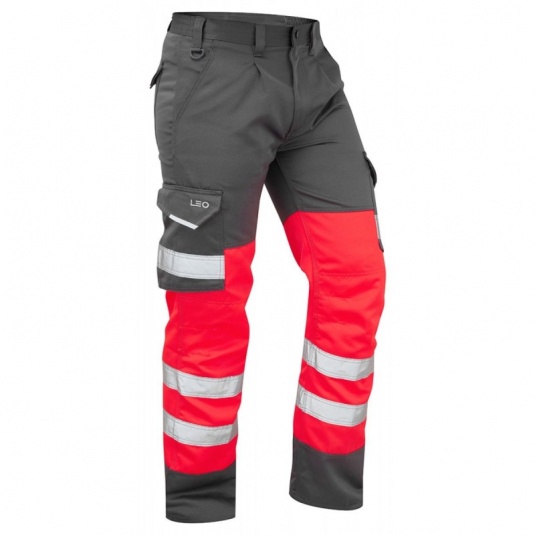 Leo Workwear EcoViz CT01 Bideford Hi-Vis Red and Grey Cargo Trousers