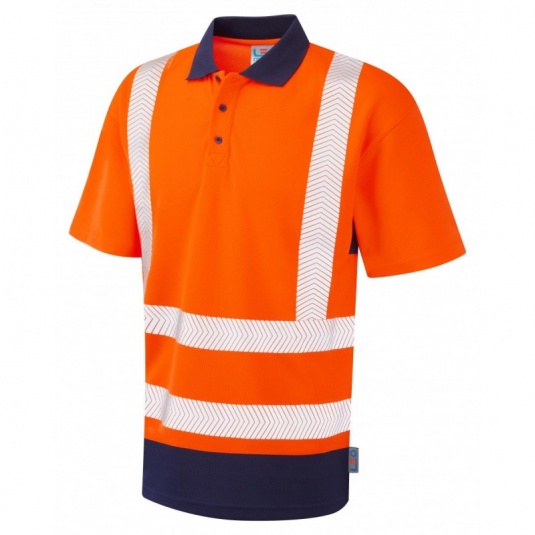 Leo Workwear EcoViz P11 Mortehoe Coolviz Plus Dual Colour Orange and Navy Hi-Vis Polo Shirt