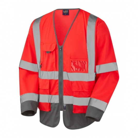 Leo Workwear EcoViz S12 Wrafton Superior Red and Grey Sleeved Hi-Vis Vest