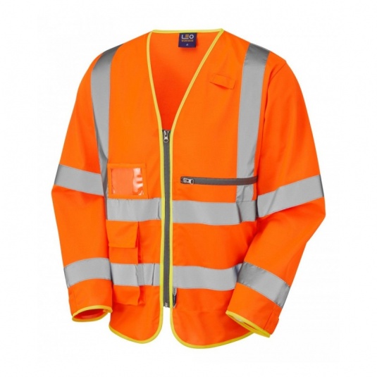 Leo Workwear S24 Heddon Orange Superior Hi-Vis Sleeved Vest with Tablet Pocket