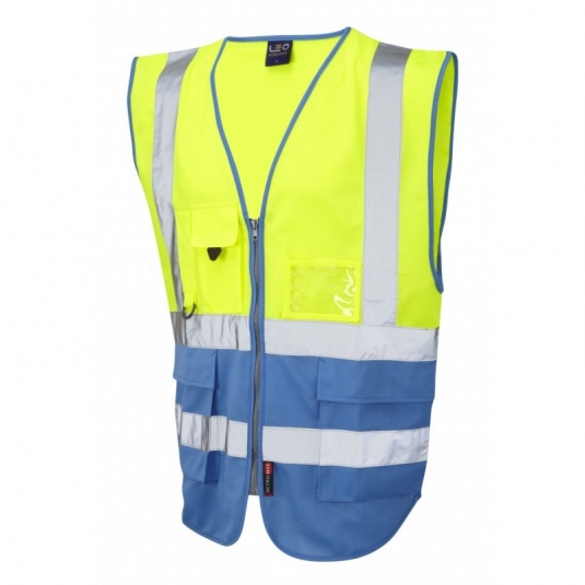 Leo Workwear W11 Lynton Dual Colour Yellow and Sky Blue Superior Hi-Vis Vest