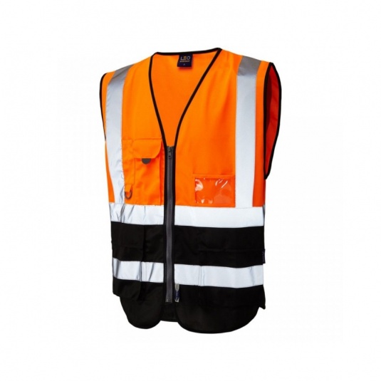 Leo Workwear EcoViz W11 Lynton Dual Colour Orange and Black Superior Hi-Vis Vest