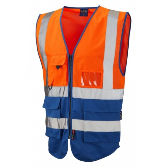 Leo Workwear EcoViz W11 Lynton Dual Colour Orange and Royal Blue Superior Hi-Vis Vest