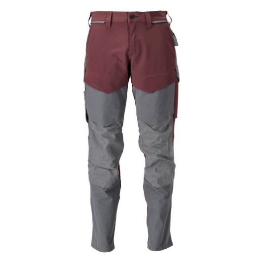 Mascot Water-Repellent Stretch Work Trousers with Knee Pad Pockets (Maroon/Grey)