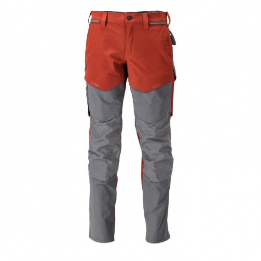 Mascot Water-Repellent Stretch Work Trousers with Knee Pad Pockets (Red/Grey)