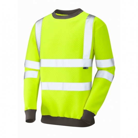Leo Workwear EcoViz SS05 Winkleigh Hi-Vis Thermal Crew Neck Yellow Sweatshirt