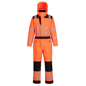 Portwest PW355 Hi-Vis Waterproof Breathable Rain Coveralls with Knee Pad Pockets (Orange/Black)