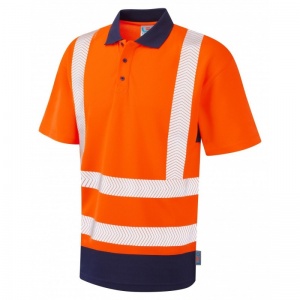 Leo Workwear P11 Mortehoe Coolviz Plus Dual Colour Orange and Navy Hi-Vis Polo Shirt