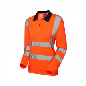 Leo Workwear EcoViz PL05 Beaford Comfort Women's Orange Hi-Vis Long Sleeve Polo Shirt