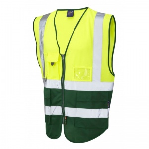 Leo Workwear EcoViz W11 Lynton Dual Colour Yellow and Bottle Green Superior Hi-Vis Vest