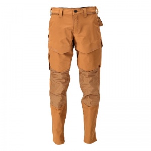 Mascot Water-Repellent Stretch Work Trousers with Knee Pad Pockets (Brown)