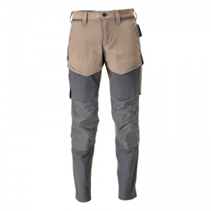 Mascot Water-Repellent Stretch Work Trousers with Knee Pad Pockets (Khaki/Grey)