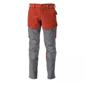 Mascot Water-Repellent Stretch Work Trousers with Knee Pad Pockets (Red/Grey)