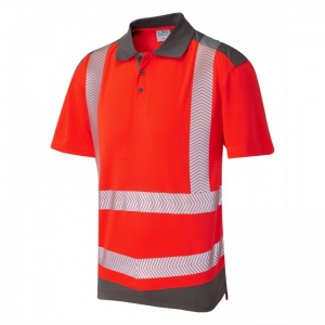 Leo Workwear EcoViz P14 Peppercombe Coolviz Red and Grey Hi-Vis Polo Shirt