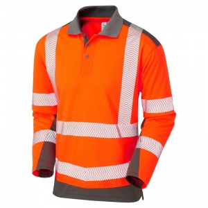 Leo Workwear EcoViz P15 Wringcliff Dual Colour Coolviz Hi-Vis Orange and Grey Sleeved Polo Shirt
