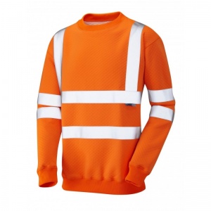 Leo Workwear EcoViz SS05 Winkleigh Hi-Vis Thermal Crew Neck Orange Sweatshirt