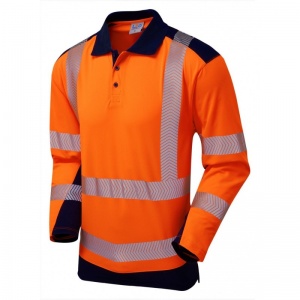 Leo Workwear P15 Wringcliff Dual Colour Coolviz Hi-Vis Orange and Navy Sleeved Polo Shirt