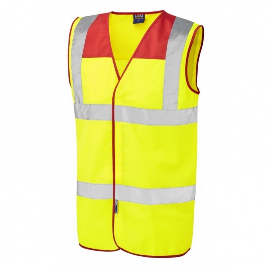 Leo Workwear W09 Bradworthy Yellow Hi-Vis Vest with Red Yoke