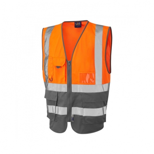 Leo Workwear W11 Lynton Dual Colour Orange and Grey Superior Hi-Vis Vest